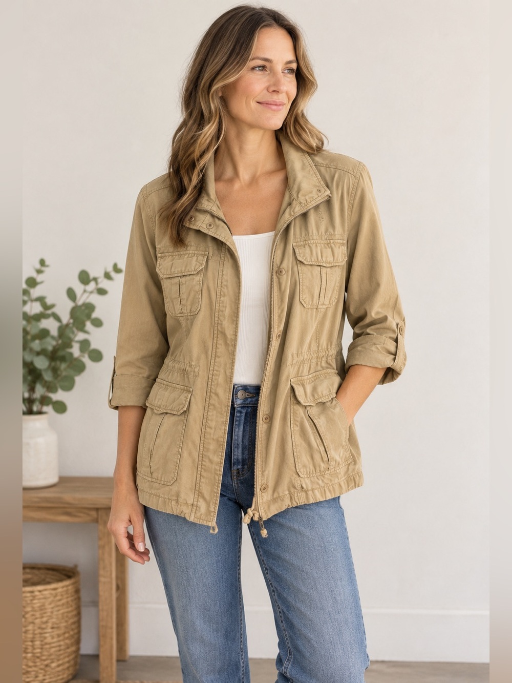 Love Tree Beige Utility Jacket with Drawstring Waist